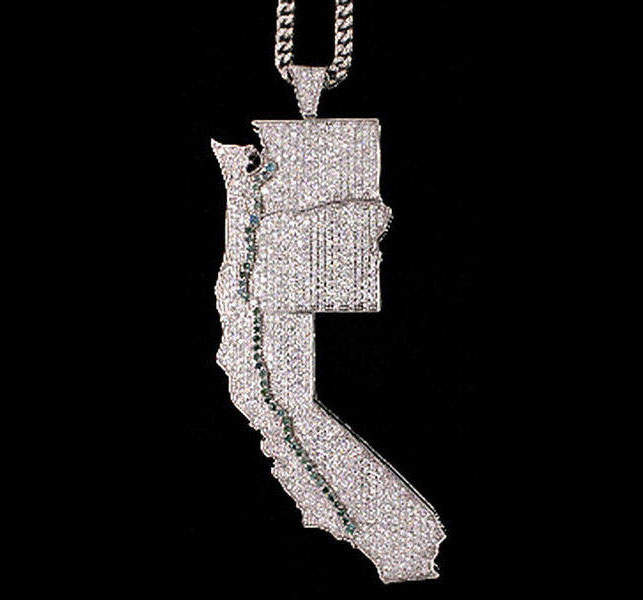 caption: Jevon Lawson wore a diamond pendant with pale green gems mimicing the OxyContin trail from Los Angeles to Washington state. 