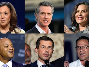 caption: These are some of the prominent Democratic leaders who are viewed as potential future presidential contenders, clockwise from top left: Vice President Kamala Harris, California Gov. Gavin Newsom, Michigan Gov. Gretchen Whitmer, Maryland Gov. Wes Moore, Transportation Secretary Pete Buttigieg, and Pennsylvania Gov. Josh Shapiro.