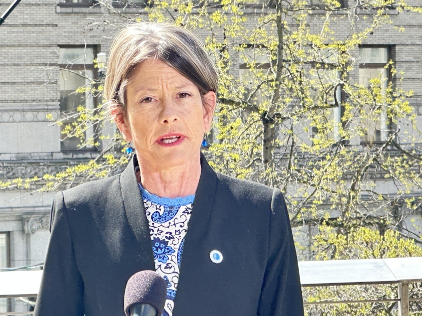 caption: Seattle Councilmember Sara Nelson speaks at a press event April 27, 2023, at City Hall. 