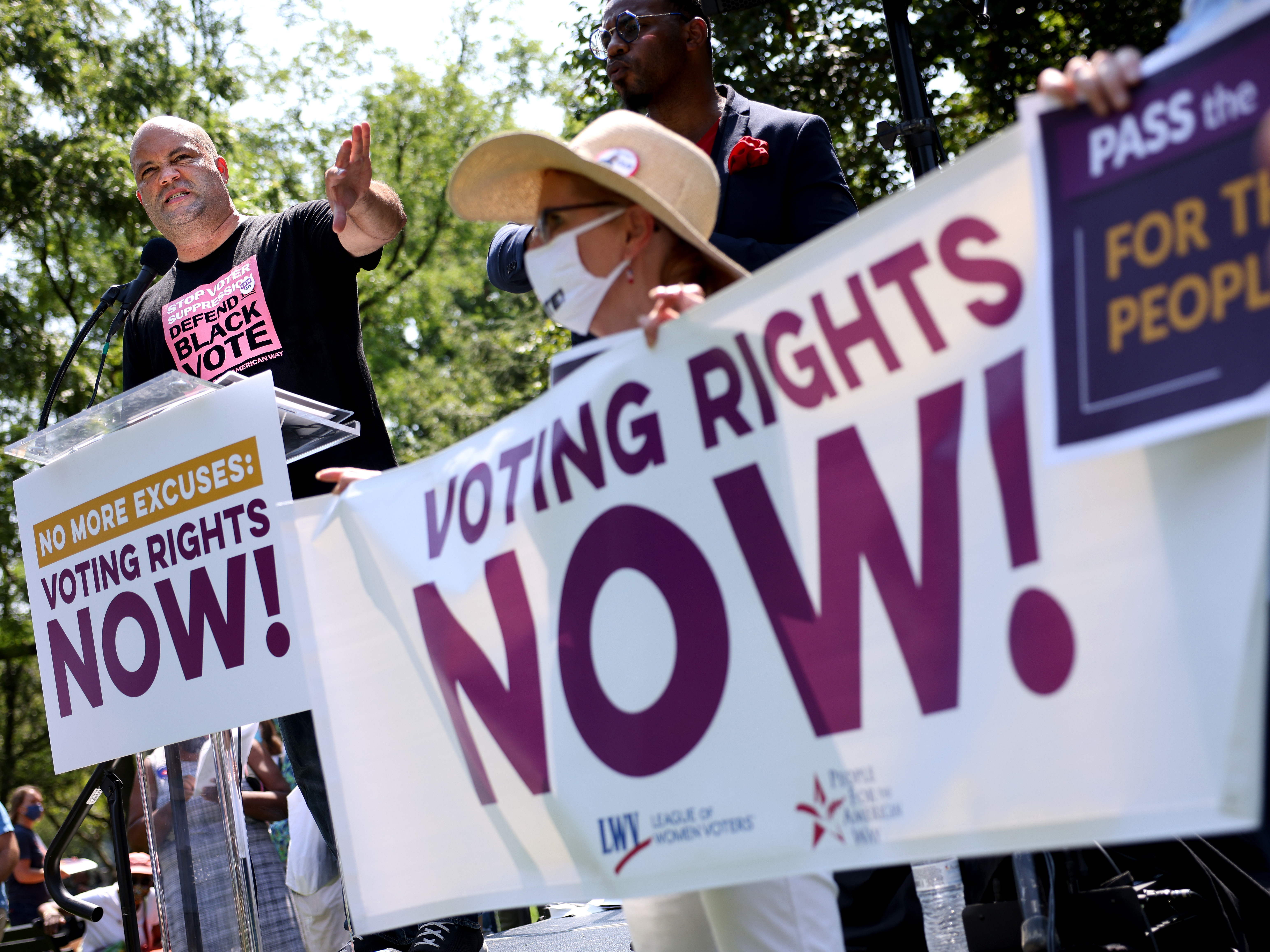 caption: Civil rights leader Ben Jealous speaks at a voting rights rally outside the White House on Tuesday, ahead of a House vote to advance a bill named for the late Rep. John Lewis.