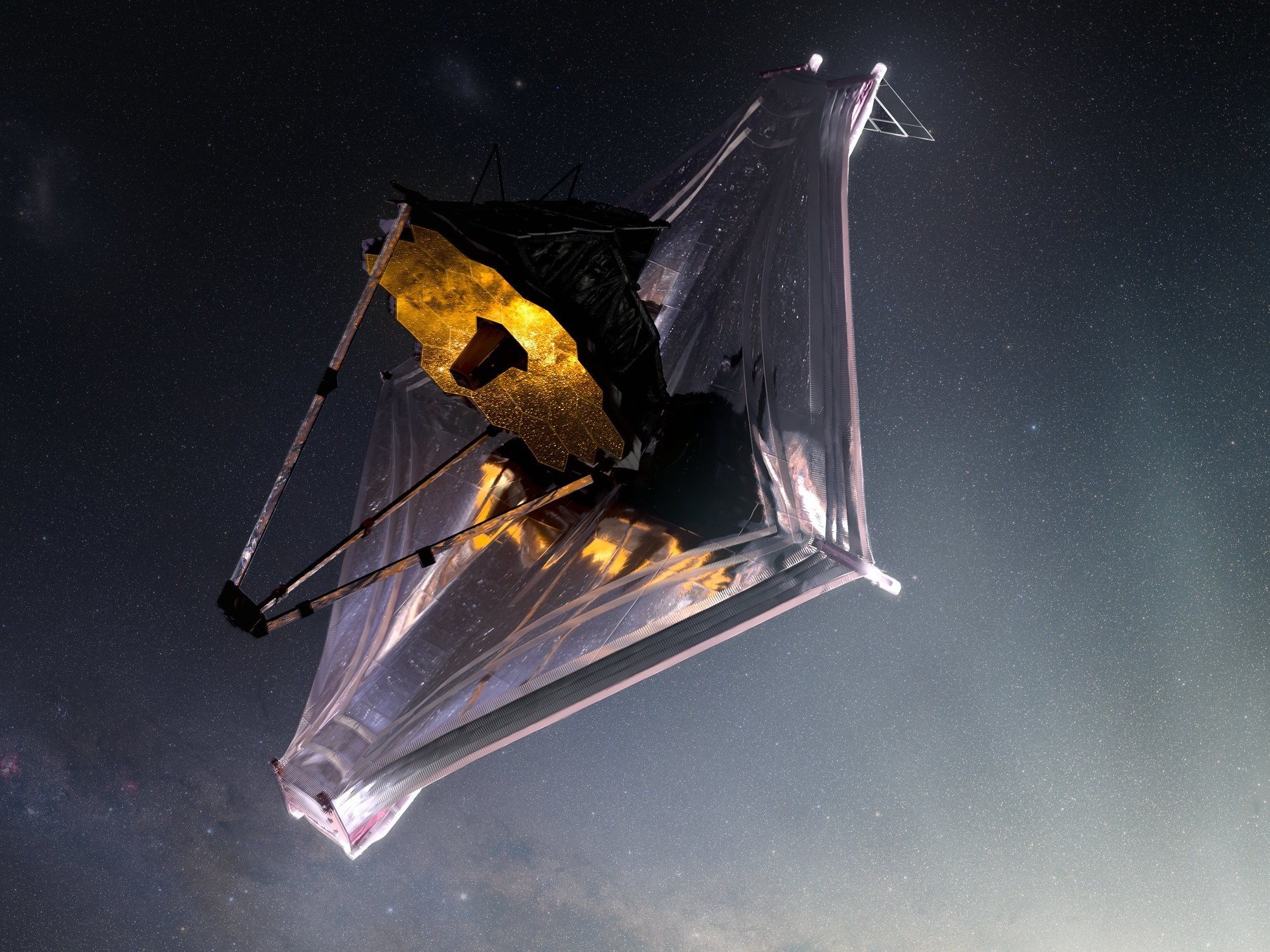 caption: This illustration shows the James Webb Space Telescope as it might appear as it orbits the sun, about a million miles away from Earth.