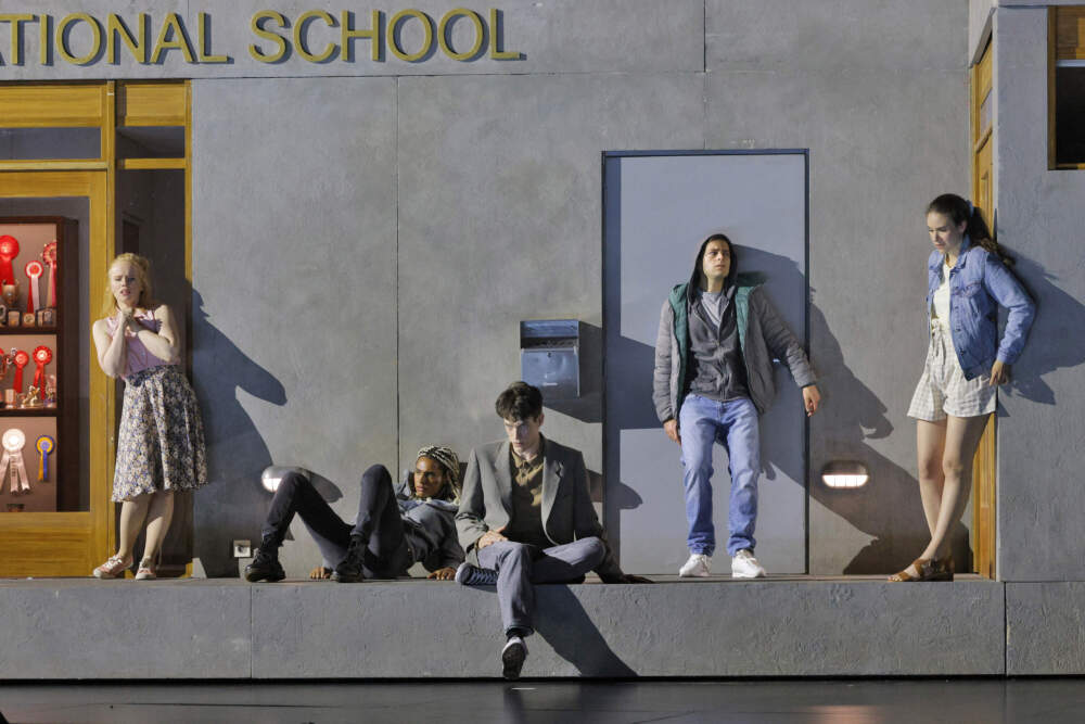 caption: Beate Mordal as Student #2 (Lilly), Julie Hega as Student #3 (Iris), Rowan Kievits as Student #4 (Anton), Camilo Delgado Díaz as Student #5 (Jerónimo), and Marina Dumont as Sudent #6 (Alexia) in "Innocence" by Kaija Saariaho, Sofi Oksanen, and Aleksi Barrière. (Cory Weaver/San Francisco Opera)