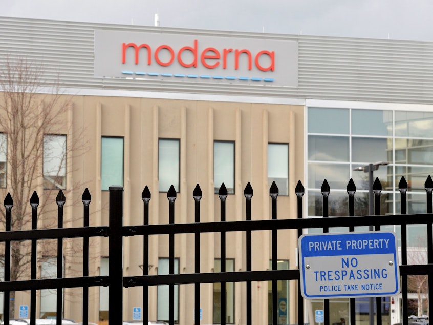 caption: Moderna is making its COVID-19 vaccine at a company factory in Norwood, Mass.