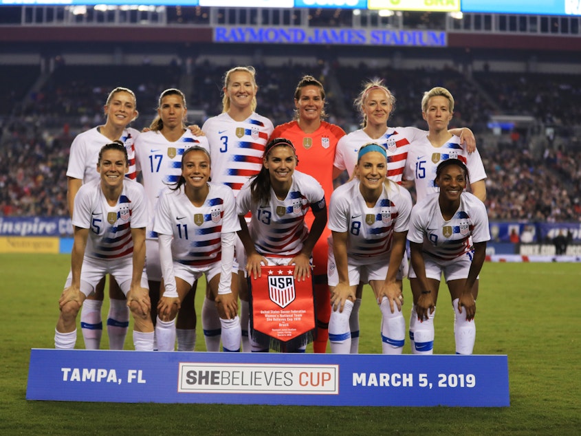 caption: The members of the U.S. women's national soccer team filed a lawsuit Friday against U.S. Soccer, accusing it of gender discrimination. The starting 11 are seen here before playing Brazil earlier this week in Tampa, Fla.