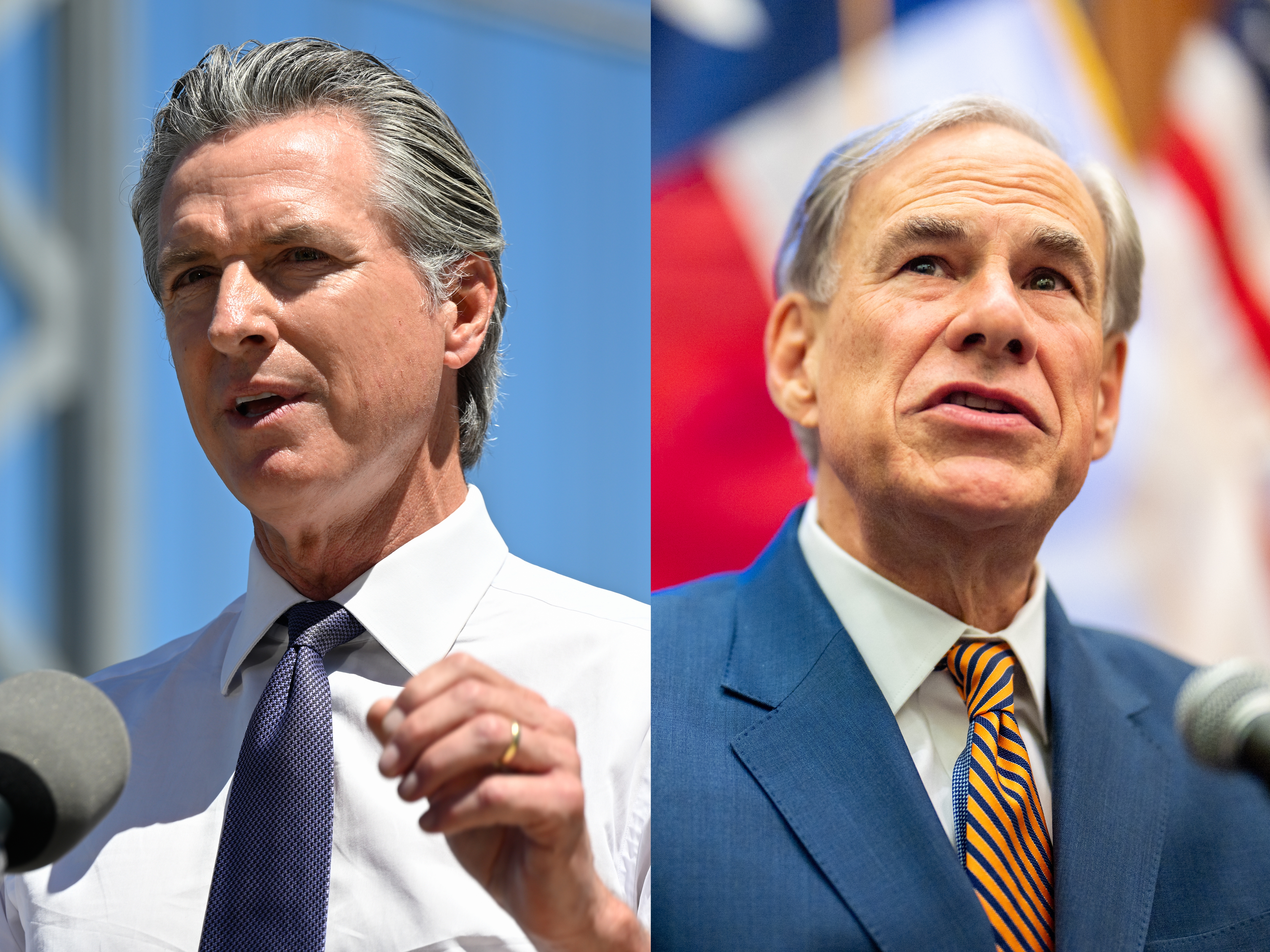 caption: California Democratic Gov. Gavin Newsom, left, and Texas Republican Gov. Greg Abbott have both pushed new congressional maps for their states.