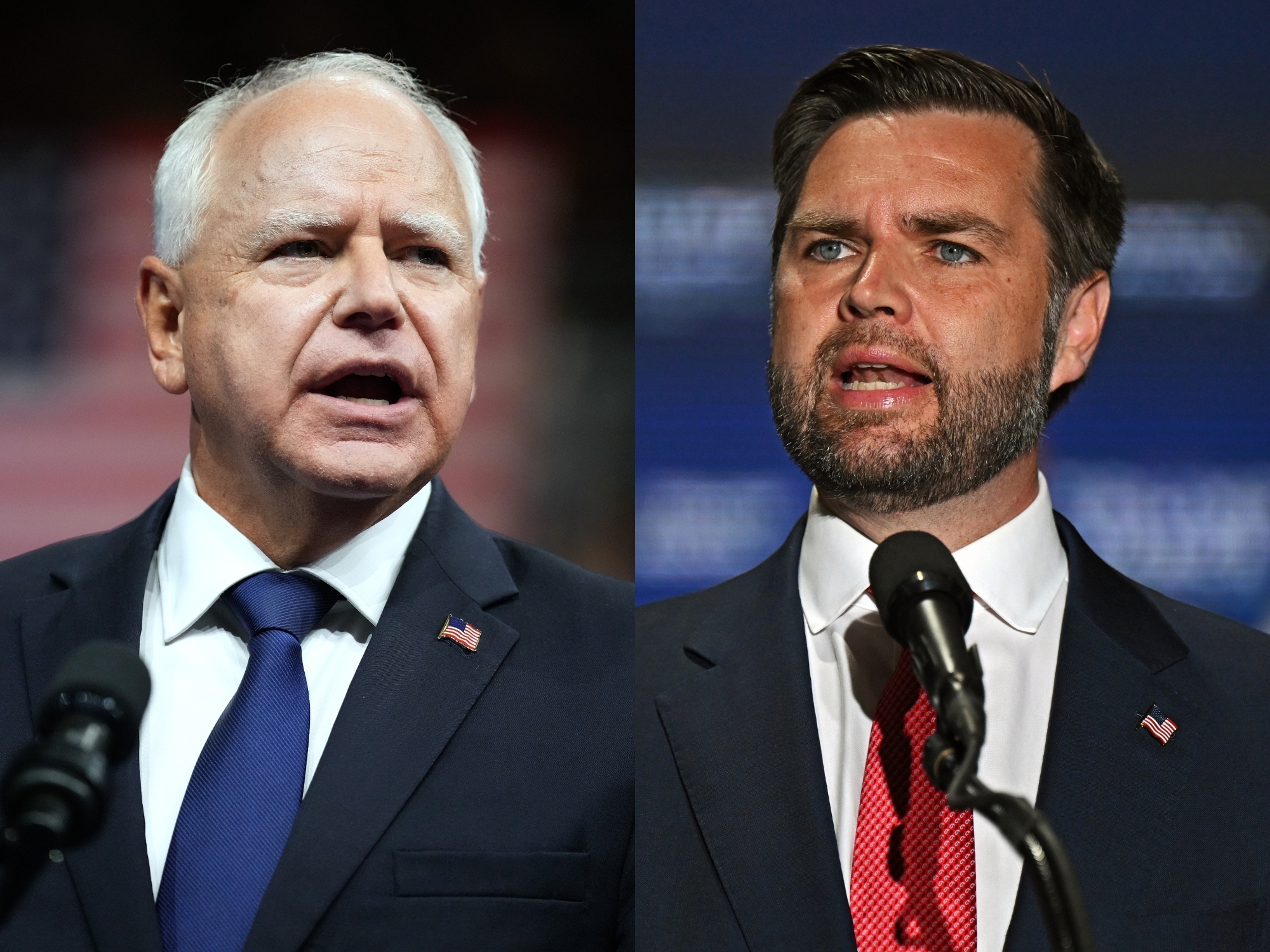 caption: Left: Democratic vice presidential candidate Minnesota Gov. Tim Walz speaks during a campaign rally on August 6 in Philadelphia. Right: Republican Vice Presidential Candidate Sen. JD Vance, R-Ohio, delivers remarks during a campaign rally on August 6 in Philadelphia.
