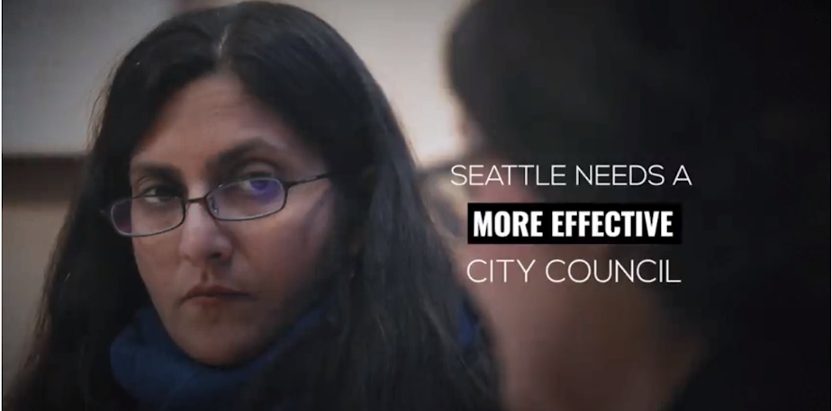 caption: People for Seattle attack ad featuring Ksama Sawant that's targeting City Council District 4 (she represents District 3)