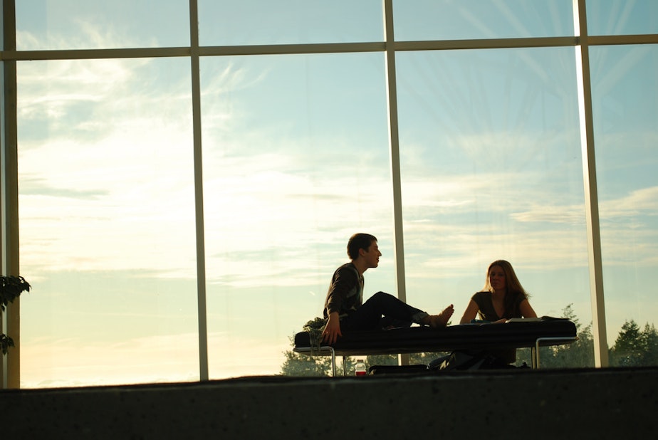 caption: Students on the 7th floor of Koerner Library, University of British Columbia.