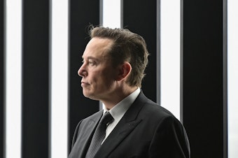 caption: Tesla CEO Elon Musk is pictured as he attends the start of production at Tesla's "Gigafactory" in Gruenheide, southeast of Berlin in Germany. on March 22, 2022. Tesla held an investor day on Wednesday. It did not reveal a new vehicle, but it unveiled some of its big-picture ideas on climate change.