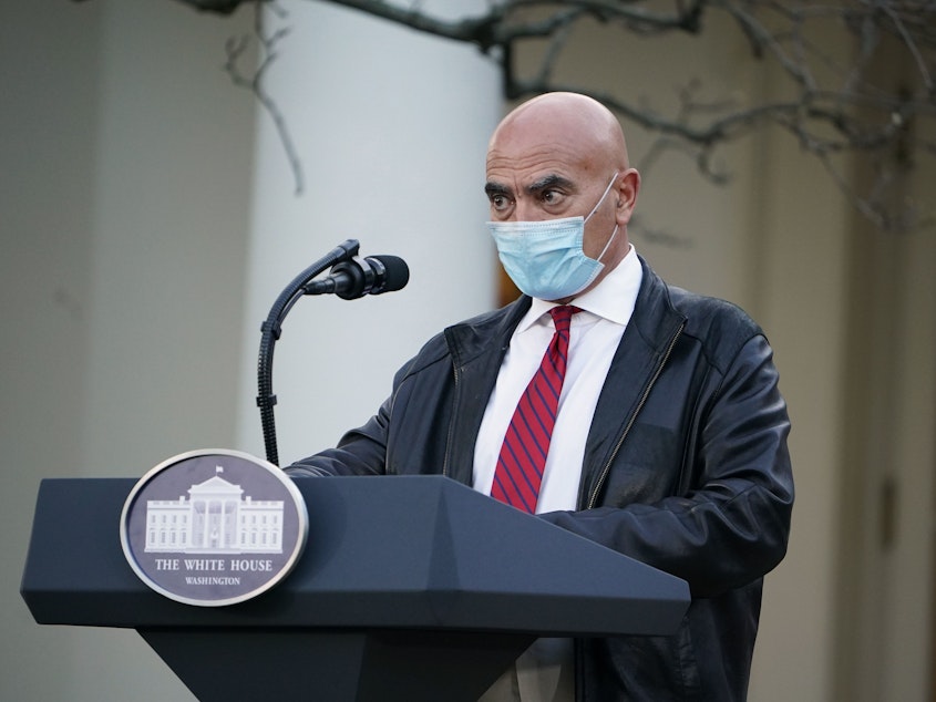 caption: Moncef Slaoui, seen last November in the White House Rose Garden, was a key figure in the Trump administration's crash program to develop COVID-19 vaccines.