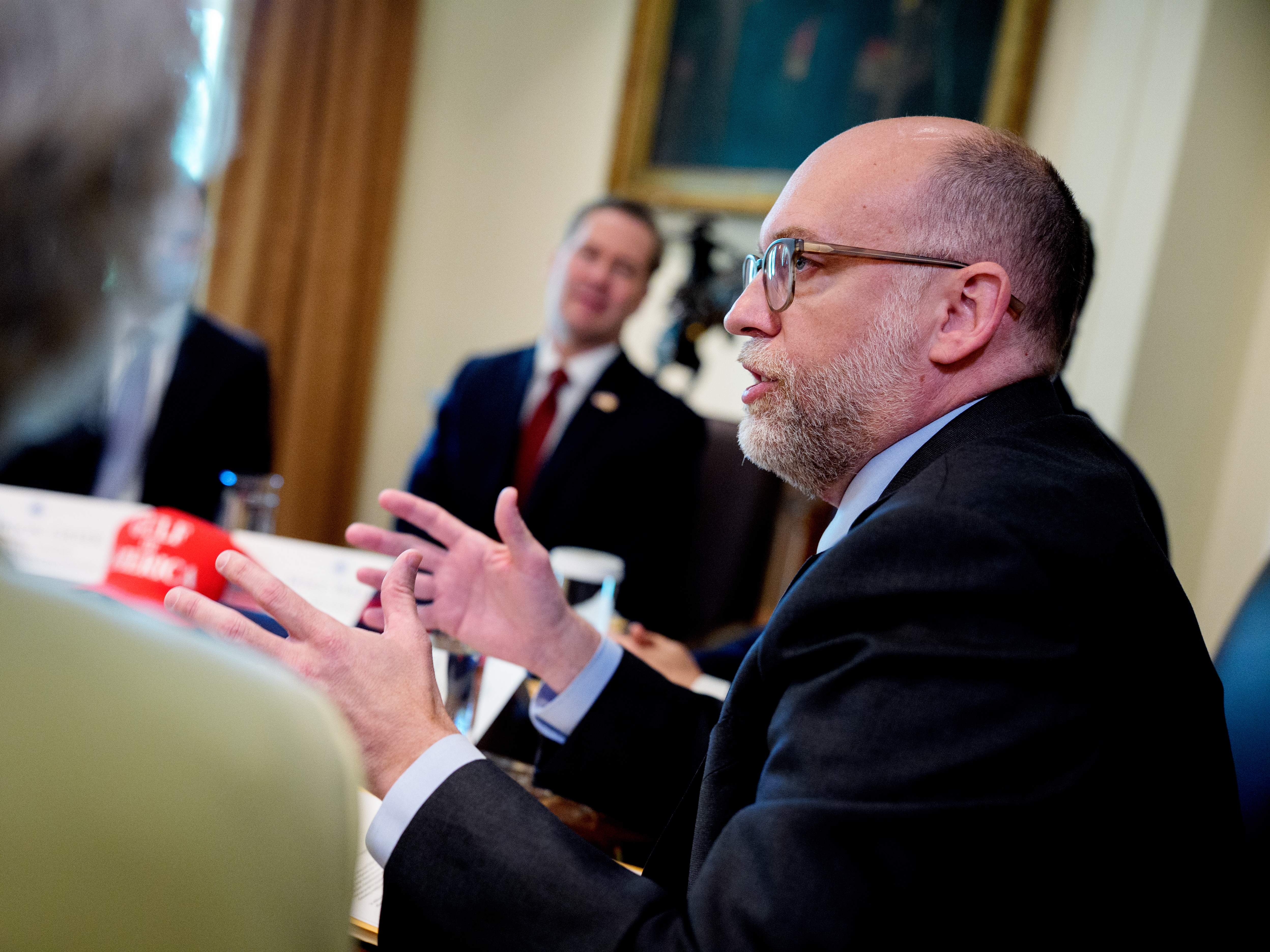 caption: Office of Management and Budget Director Russ Vought speaks during a Cabinet meeting at the White House on April 30, 2025.