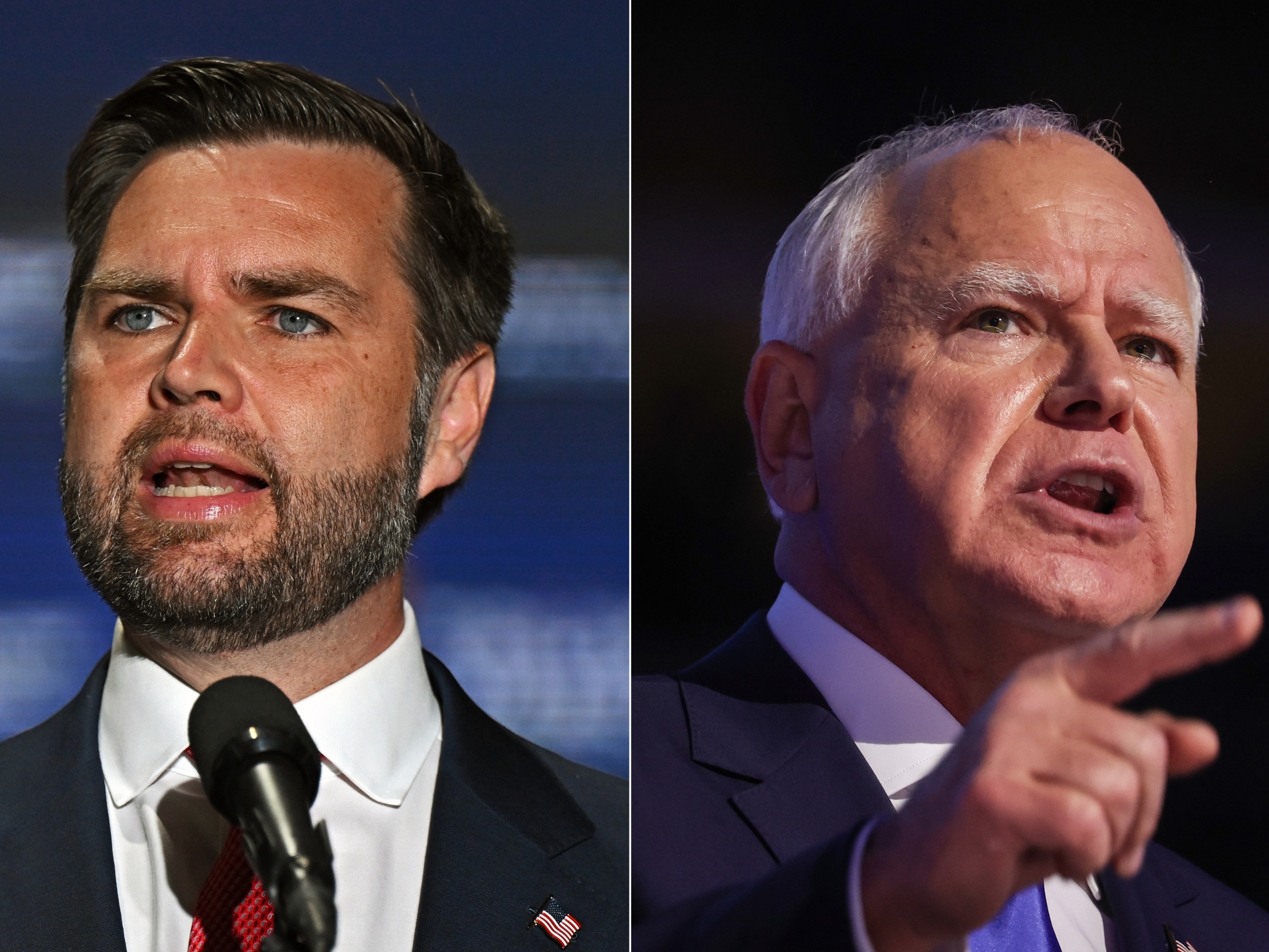 caption: Left: Republican vice presidential nominee Sen. JD Vance delivers remarks during a campaign rally on August 6 in Philadelphia. Right: Democratic vice presidential nominee Minnesota Gov. Tim Walz speaks at the Democratic National Convention on August 21 in Chicago.