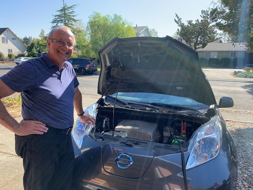 caption: Clarence Dold used his 2013 Nissan Leaf to power his house during a four-day blackout in Santa Rosa, Calif., as a result of the Kincade Fire.