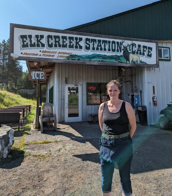 caption: The Elk Creek Station and Cafe serves a hot breakfast, and keeps car accessories on hand for travelers. It’s over an hour down a road through remote wilderness to reach the next town with gas. 