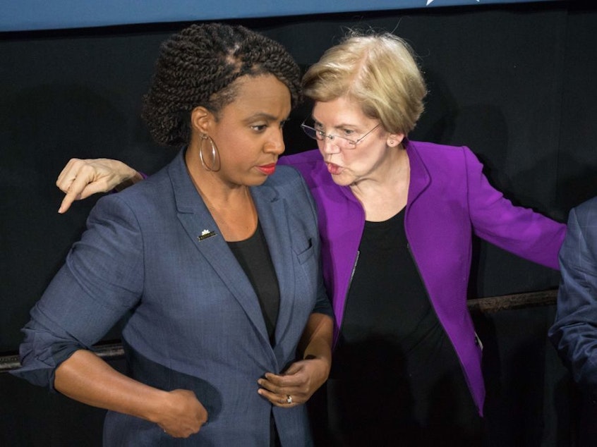 caption: Rep. Ayanna Pressley said of fellow Massachusetts Democrat Sen. Elizabeth Warren: "She never loses sight of the people."