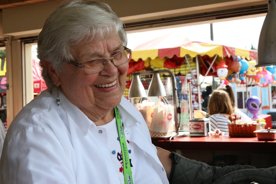 caption: Doris Bach has been selling scones at the fair for 37 years.