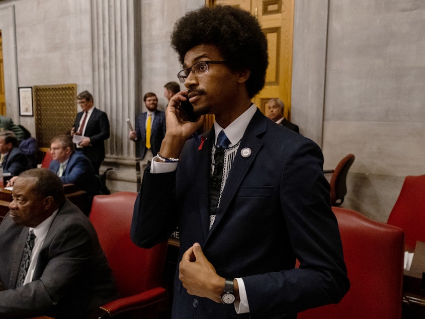 caption: Justin J. Pearson could be reinstated to the Tennessee House on Wednesday, through a vote by the Shelby County Commission. Pearson is seen here on April 6, the day he was expelled from the state legislature in Nashville.