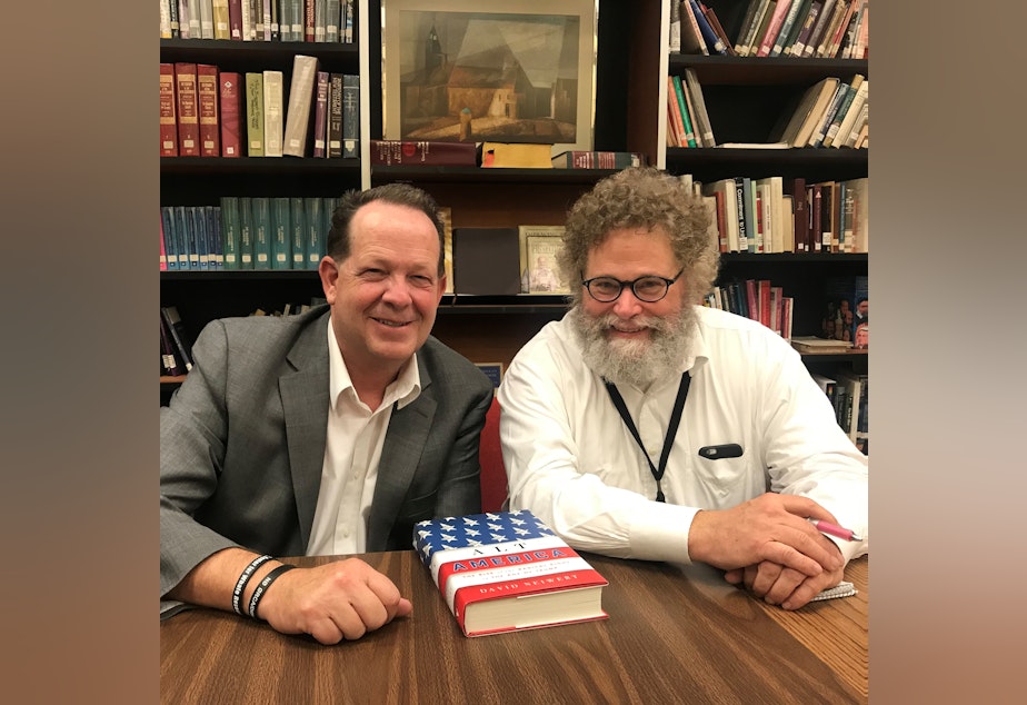 caption: David Neiwert and Knute Berger at University Lutheran Church