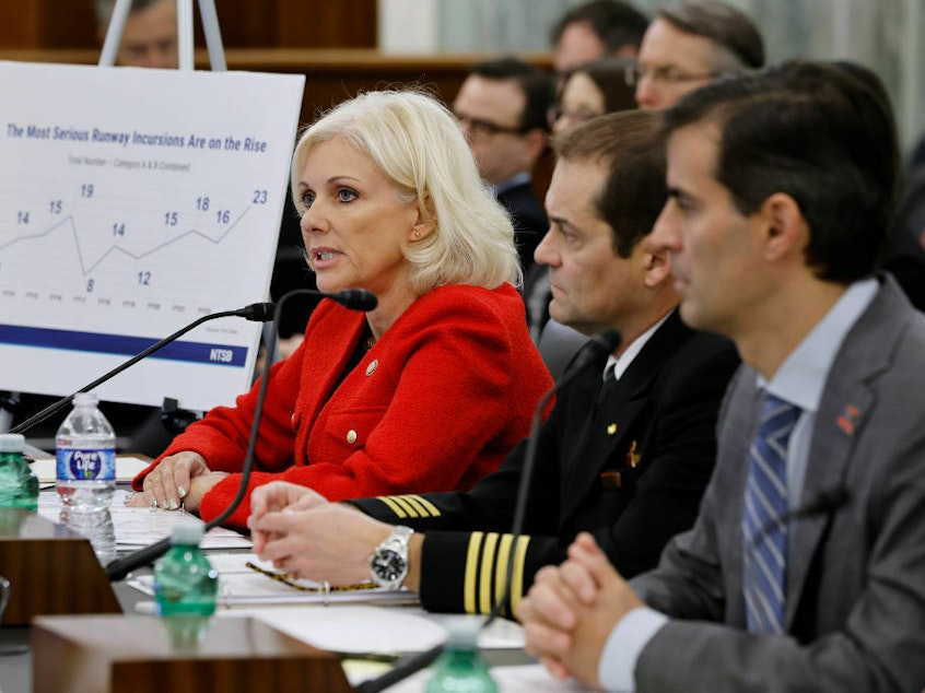 caption: National Transportation Safety Board Chair Jennifer Homendy (left) testifies at a Senate Commerce subcommittee hearing on aviation safety, with Air Line Pilots Association President Capt. Jason Ambrosi (center) and National Air Traffic Controller Association President Rich Santa (right).