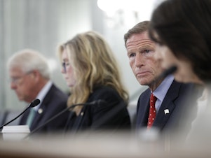 caption: Sen. Richard Blumenthal, D-Conn., listens to testimony during a September 2021 hearing about kid's online safety for a Senate Subcommittee on Consumer Protection, Product Safety, and Data Security.
