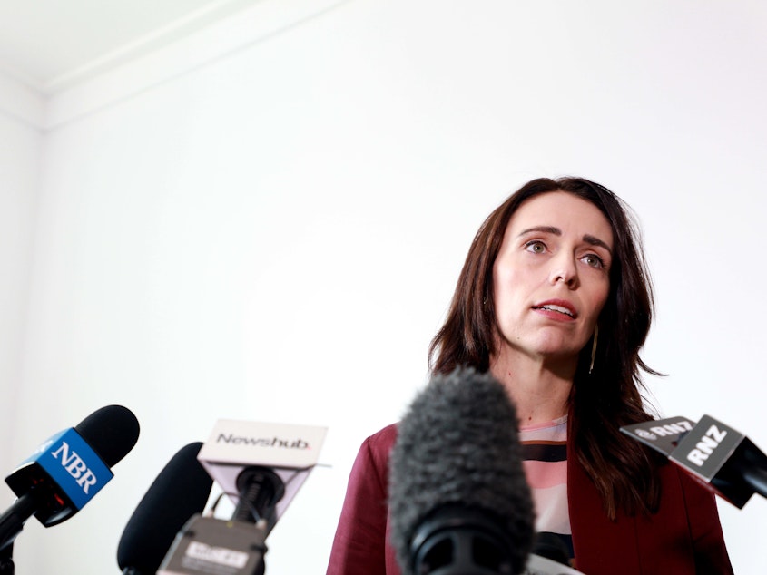 caption: New Zealand Prime Minister Jacinda Ardern speaks to reporters at a news conference on Wednesday. She announced New Zealand and France will lead a global effort to end the use of social media as a tool to promote terrorism.