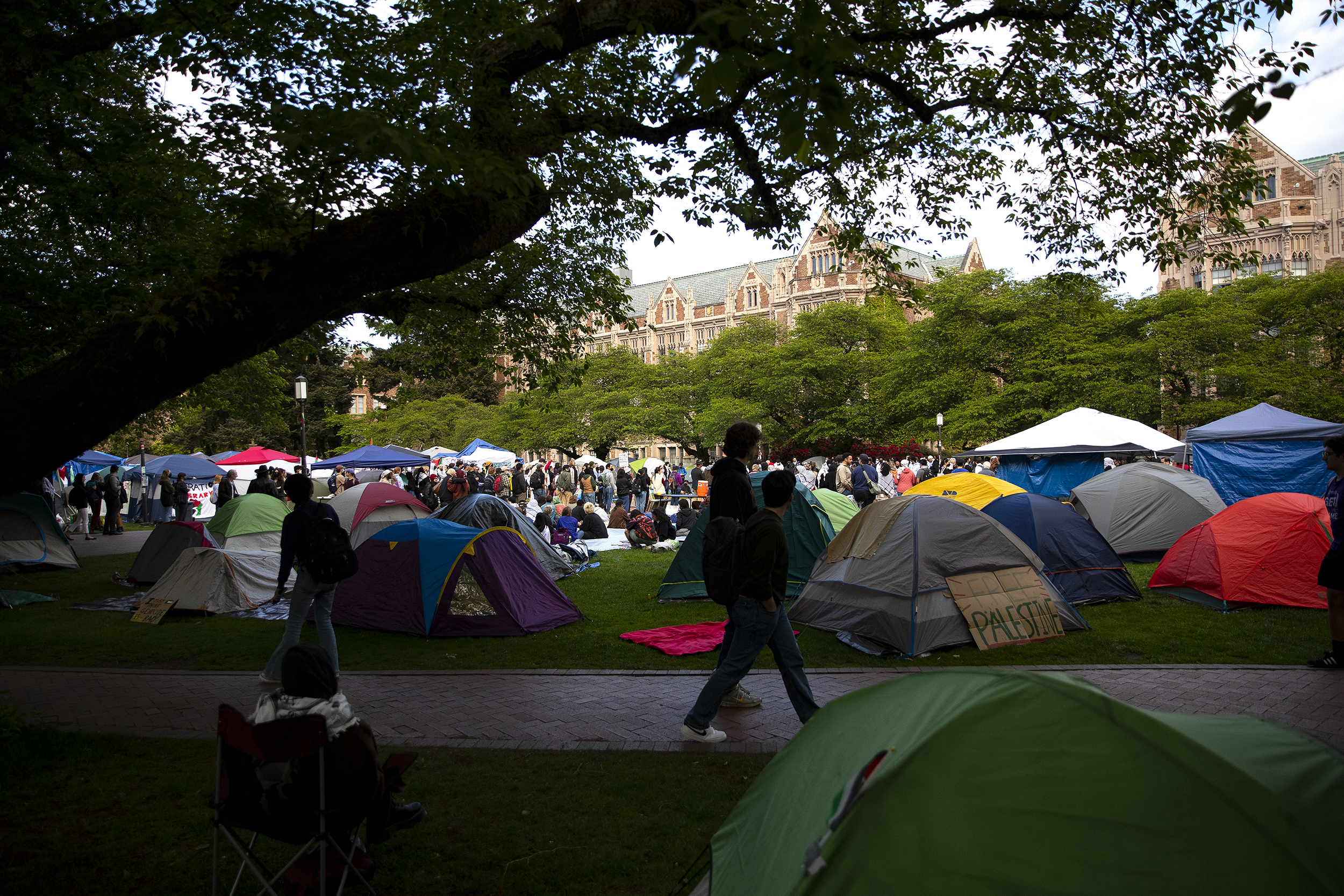 caption: University of Washington students and protesters amassed at the encampment for Palestine, also known as the ‘Popular University for Gaza liberated zone,' on the campus Quad on Tuesday, May 7, 2024.