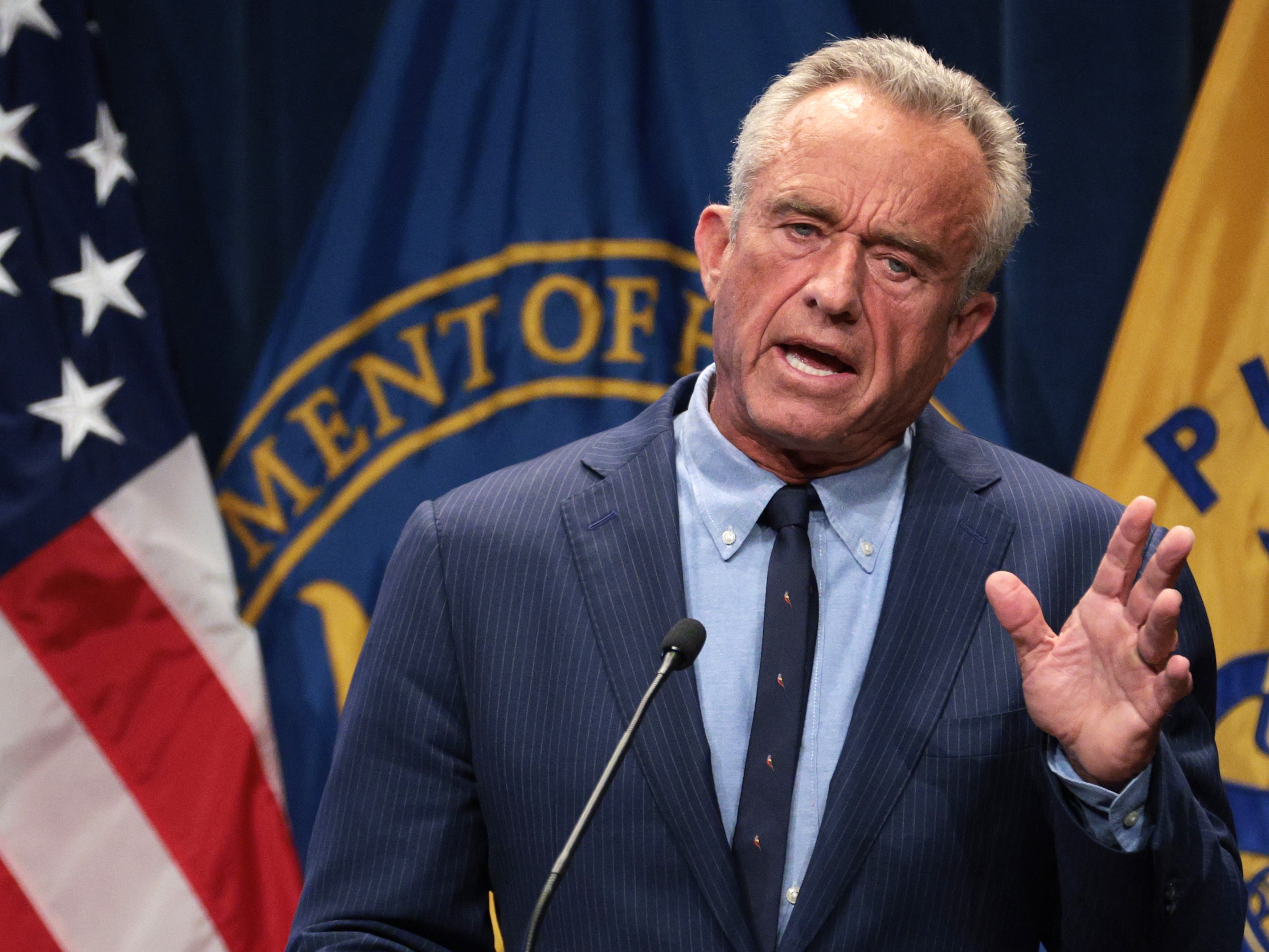 caption: U.S. Secretary of Health and Human Services Robert F. Kennedy Jr. speaks during a news conference at the Department of Health and Human Services on April 16, 2025 in Washington, DC.