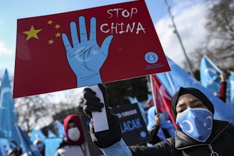 caption: Uyghurs living in Turkey protested China in March for the country's human rights abuses in its western Xinjiang province. A new Amnesty International report substantiates these abuses, calling them "crimes against humanity."
