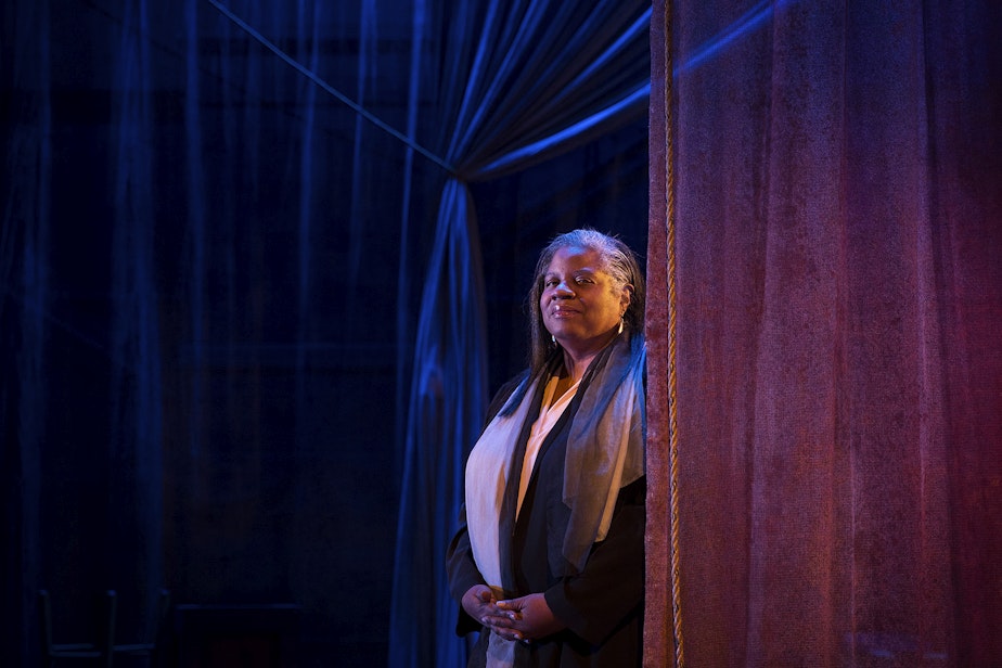 caption: Playwright Cheryl West stands for a portrait on stage at Seattle Repertory Theatre's Bagley Wright Theatre on Thursday, October 10, 2019, in Seattle.