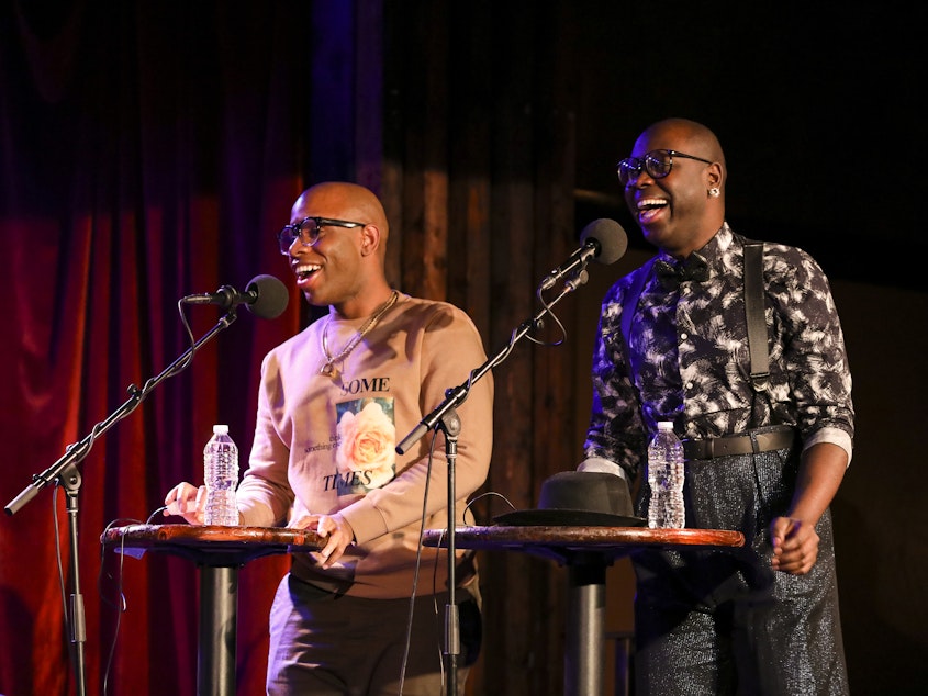 caption: Monét X Change and Bob the Drag Queen play a trivia game on <em>Ask Me Another</em> at the Bell House in Brooklyn, New York.
