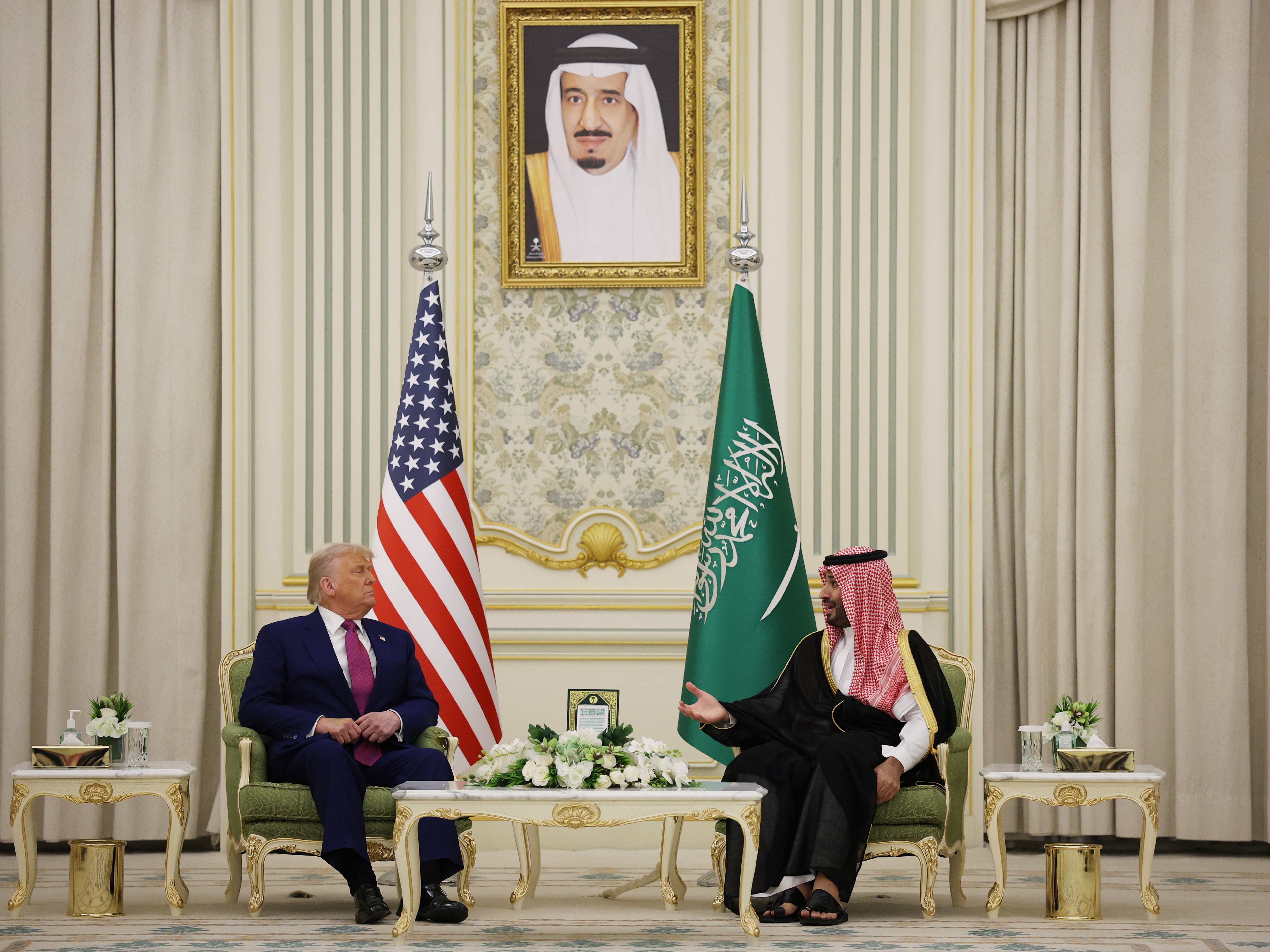 caption: President Trump and Saudi Crown Prince Mohammed bin Salman attend a bilateral meeting at the Saudi Royal Court on May 13 in Riyadh, Saudi Arabia.