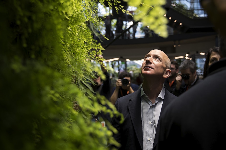 caption: Jeff Bezos looks up at the Canyon Living Wall on Monday, January 29, 2018, during the grand opening of Amazon's spheres in Seattle.