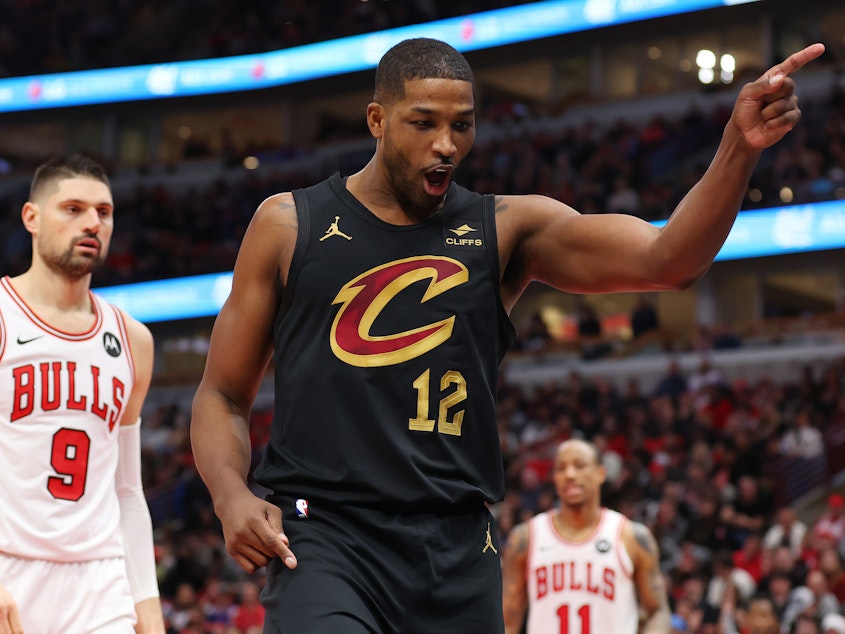 caption: Tristan Thompson, #12 of the Cleveland Cavaliers, reacts against the Chicago Bulls on Dec. 23, in Chicago.