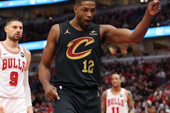 caption: Tristan Thompson, #12 of the Cleveland Cavaliers, reacts against the Chicago Bulls on Dec. 23, in Chicago.