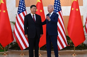 caption: President Joe Biden and Chinese President Xi Jinping hold a meeting on the sidelines of the G20 Summit in Bali on Monday.