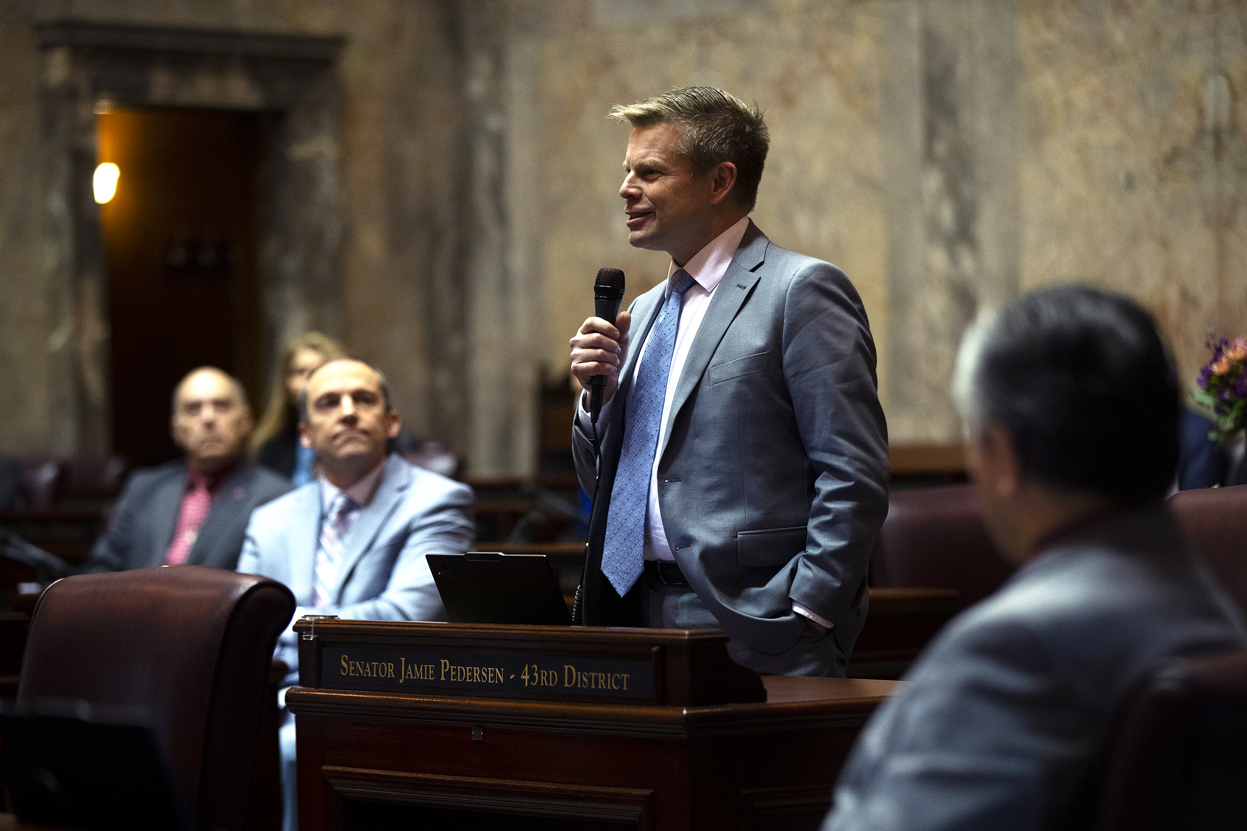 caption: Washington state senator Jamie Pedersen speaks during a legislative session on Thursday, February 26, 2026, at the Washington State Capitol building in Olympia. 