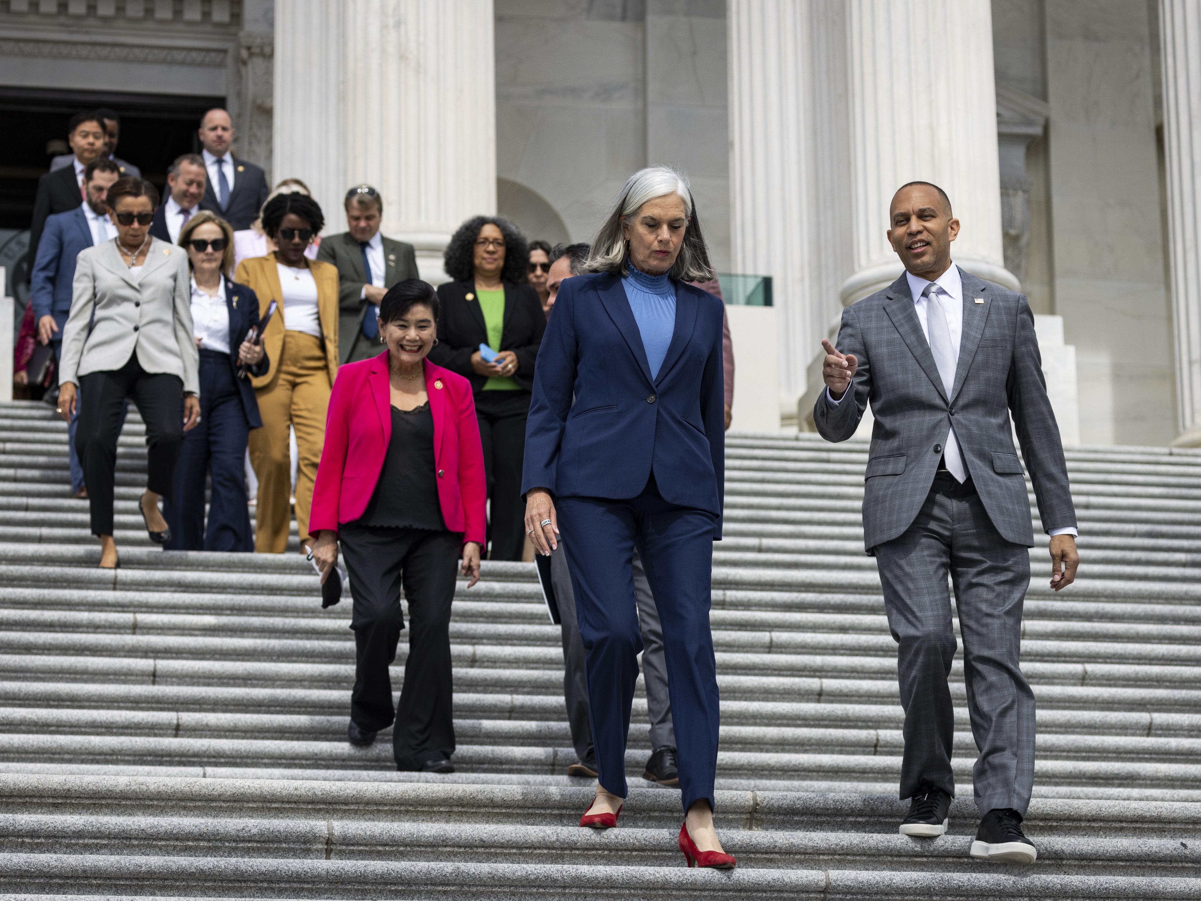caption: House Democratic Leader Hakeem Jeffries, D-NY, convened a meeting of top House Democrats on Sunday as the party continues to grapple with serious questions about President Biden's future as the party's nominee for president. 