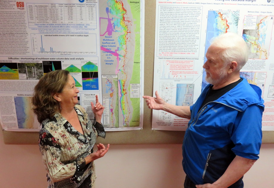 caption: Methane seep researchers Susan Merle and Bob Embley at Oregon State University's Hatfield Marine Science Center.