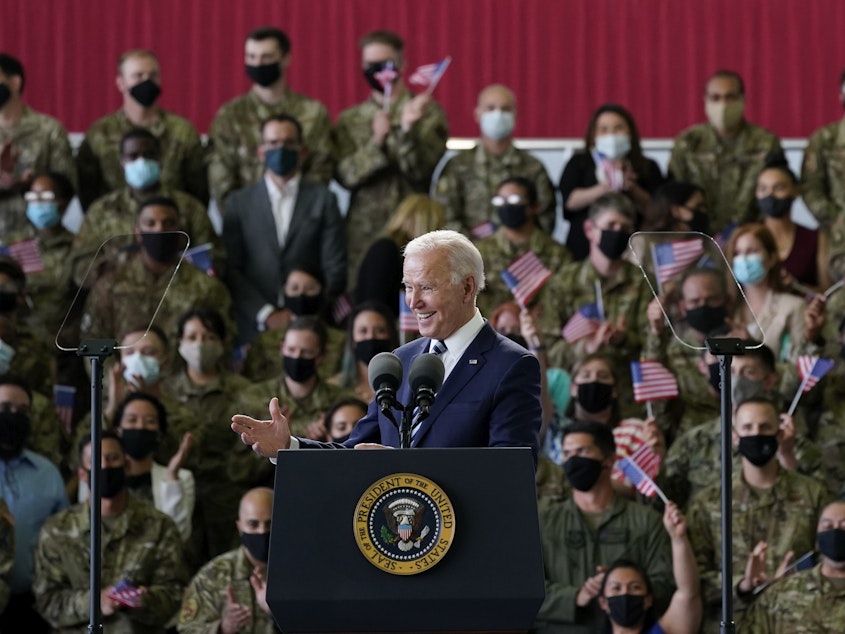 caption: President Biden speaks to U.S. service members in England, on the first stop of his first overseas trip as president.