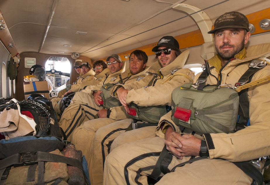 caption: Smokejumpers from the McCall base in Idaho prepare to drop into the Payette National Forest, Idaho, on July 2, 2014.