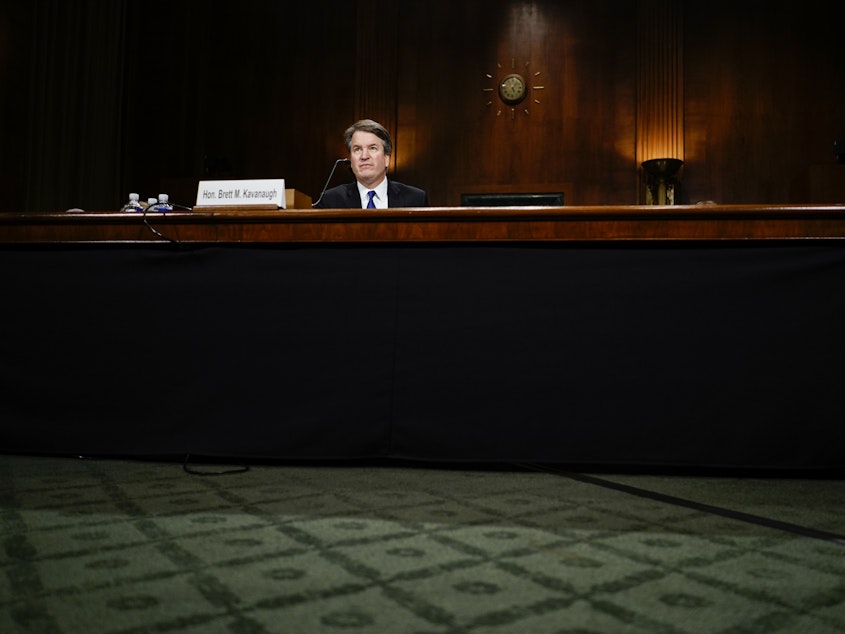 caption: Judge Brett M. Kavanaugh at a Senate Judiciary Committee hearing on Thursday.