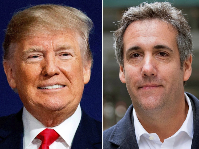 caption: Donald Trump, left, directed then-lawyer Michael Cohen, center, to help arrange payments to Stormy Daniels, right, and another woman, to silence them about alleged sexual relationships with Trump.