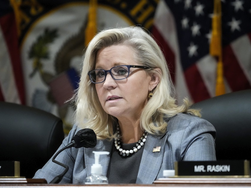caption: Rep. Liz Cheney (R-WY) speaks during a Select Committee to Investigate the January 6th Attack on the U.S. Capitol business meeting on Capitol Hill March 28, 2022 in Washington, DC.