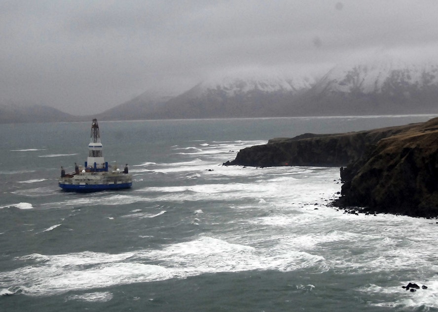 caption: Shell Oil's Kulluk drill rig, hard aground off Alaska's Sitkalidak Island in January 2013