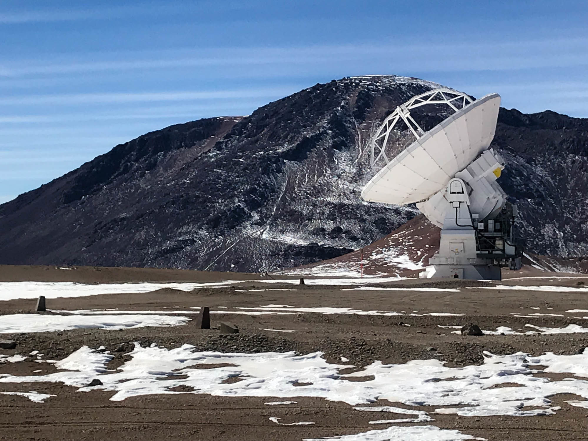 caption: One of the 54 steerable dishes that make up much of the Atacama Large Millimeter Array in Chile's Atacama Desert. This one is 39 feet in diameter.