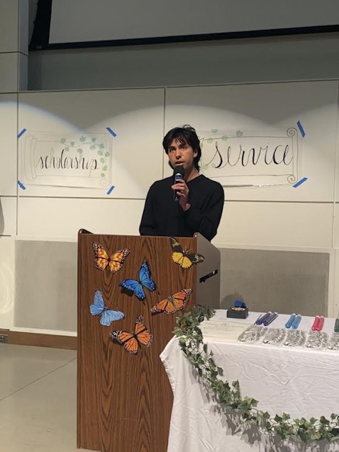 caption: Josue Villalobos gives “Service Speech” for his school's National Honors Society club banquet in Seattle, Washington on May 18, 2023. 