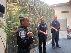 caption: Seattle Police held a press conference on Wednesday, Oct. 25, about a recent spate of robberies targeting students in North Seattle. From left, Detective Judinna Gulpan, Captain Lori Aagard, and Assistant Chief Todd Kibbee.