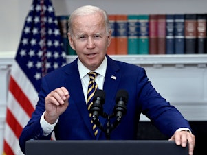 caption: President Biden announces student loan relief in the Roosevelt Room of the White House in Washington, D.C. on Aug. 24.