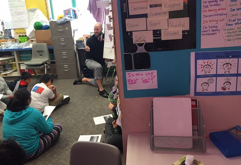 caption: In fifth-grade teacher Ryan Schaedig's class, students take time out for self-reflection in this corner.