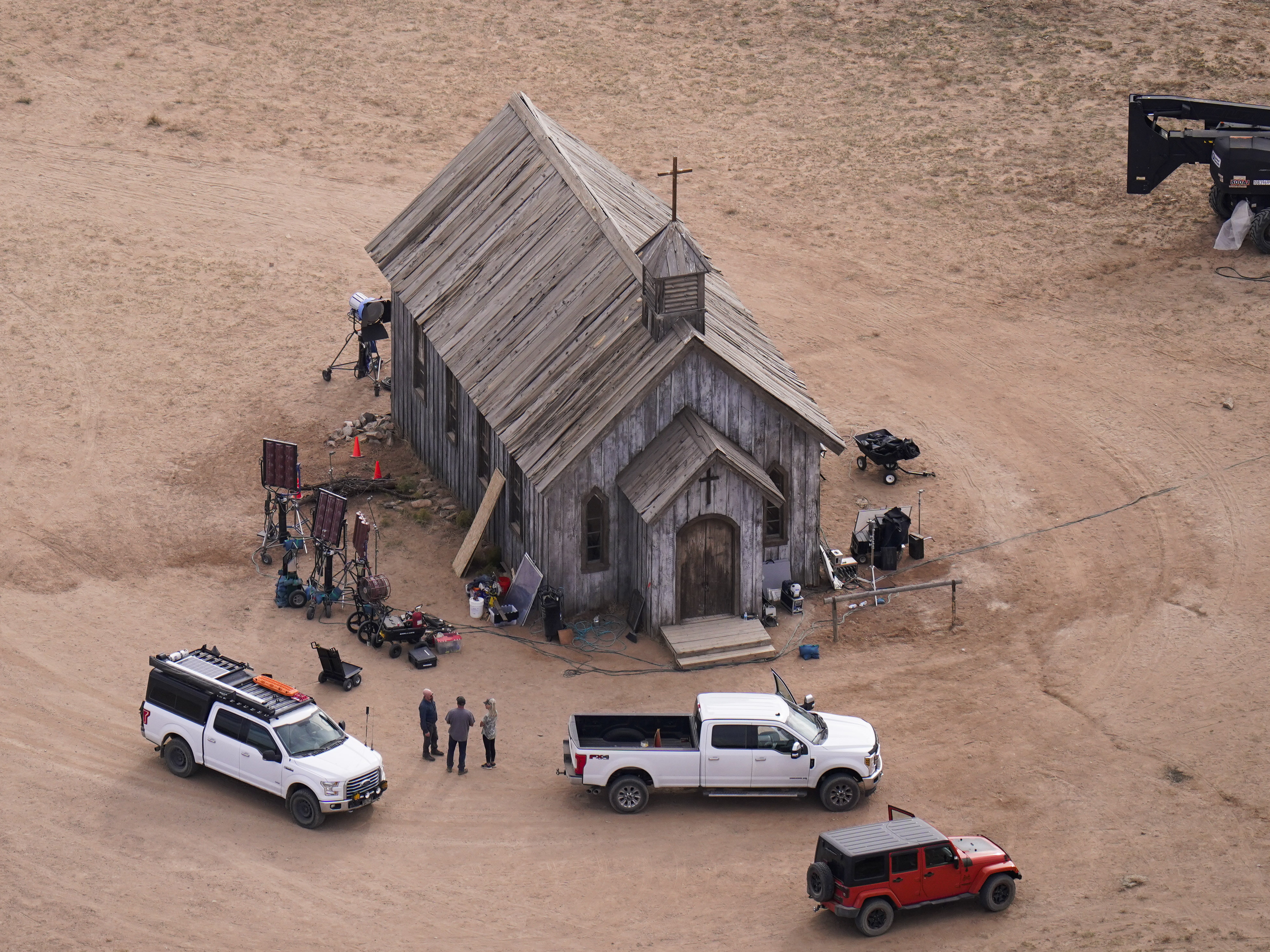 caption: This aerial photo shows the Bonanza Creek Ranch in Santa Fe, N.M., on Oct. 23. Actor Alec Baldwin fired a prop gun on the set of a Western being filmed at the ranch last Thursday, killing the cinematographer, officials said.
